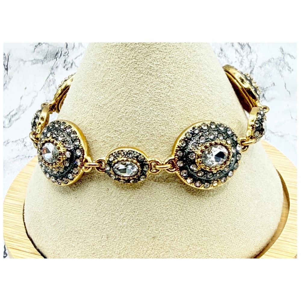 Gold Tone Glass Rhinestone Oval Link Statement Bracelet Adjustable 7–8 Inch